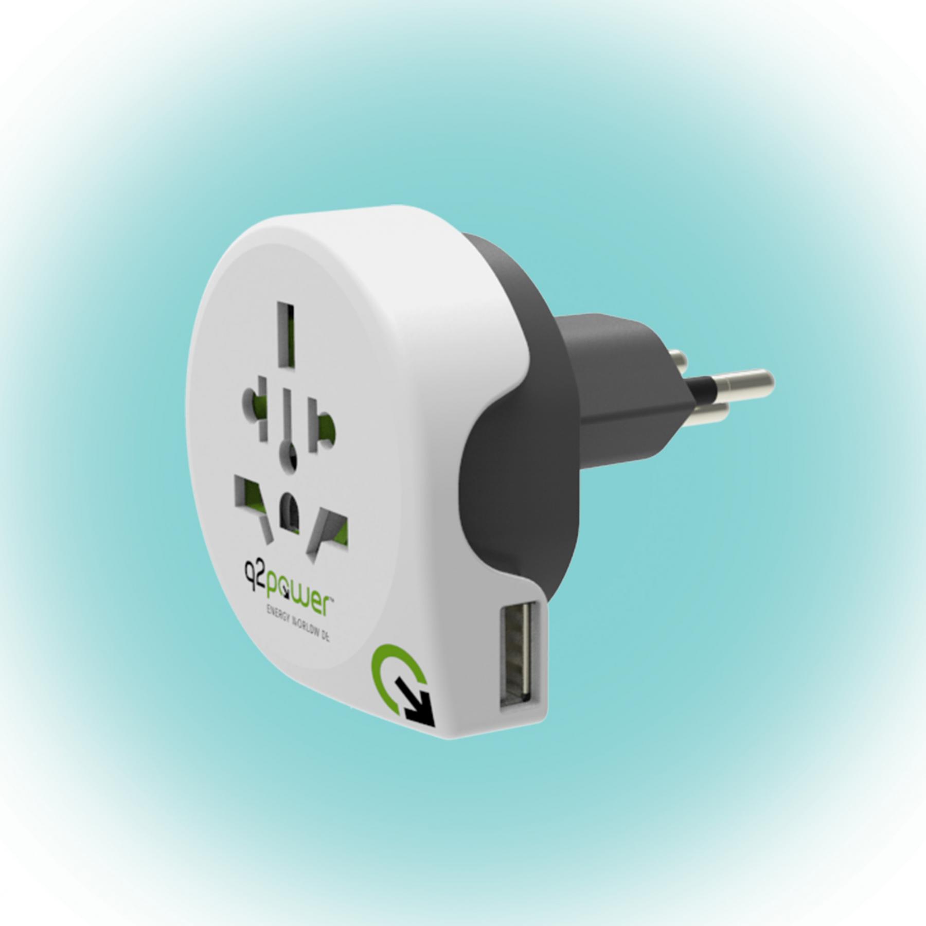 15929 Q2POWER 1.100210 utazóadapter, World to Switzerland USB, indulási ország: AUS/CHINA, IT, UK, CH, BRAZIL, USA, EURO, célország: CH, USB port - Image 1