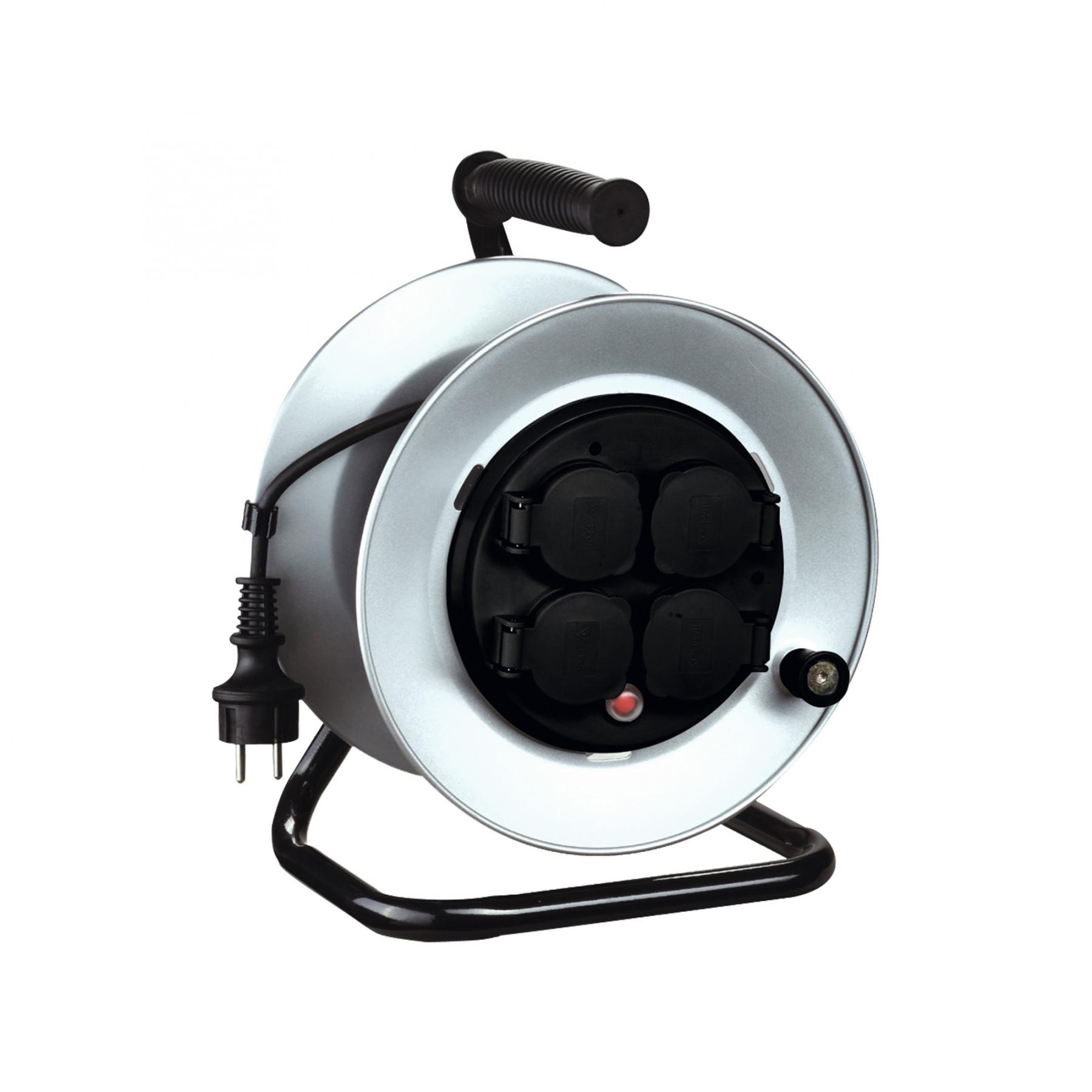 16269 Home HJRM 10-50 fém kábeldob, 50 m, fém talp és dob, IP44-es védelem, H07RN-F 3G1,5 mm2 gumi kábel, max. 3000 W, védőkapcsoló, fix, nem forgó aljzatokkal - Image 1