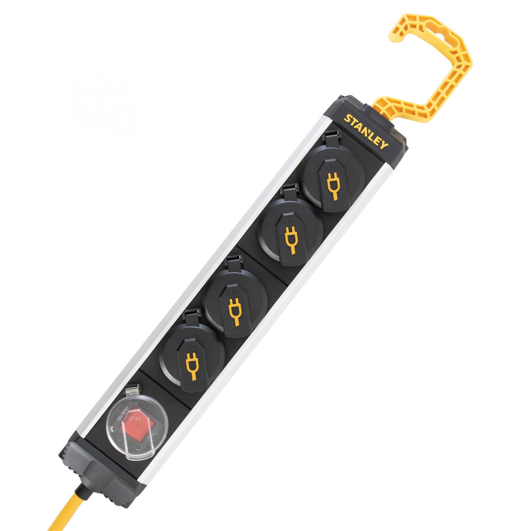 16680 STANLEY SXECCD0RAJE 4-es elosztó kapcsolóval, 5 m, IP44-es védelem, alumínium ház, felakasztható, beltérben is használható, H07RN-F 3G1,5 mm2 kábel - Image 1