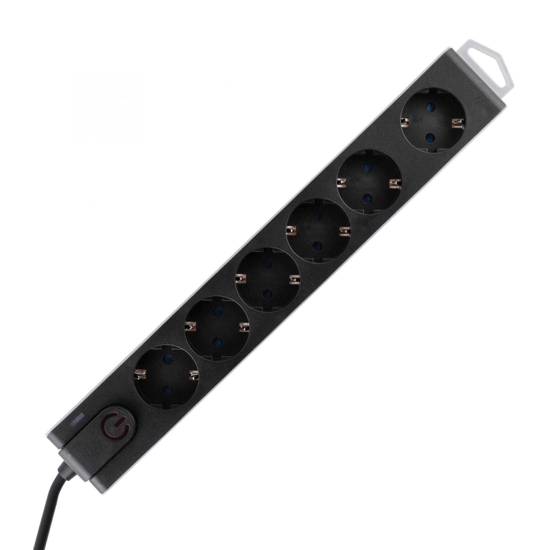 17071 Home NVT 6K-3/BK túlfeszültségvédett hálózati elosztó, 3 m, H05VV-F 3G1,5 mm2 kábel, 6 aljzat gyermekvédelemmel, kapcsoló, felakasztható, max. 3680W, fekete - Image 1