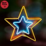 Home NEON 3 csillag figura, LED-es neon fény, villogó funkció, két oldalú, fém váz, IP44, kültéri, beltéri, jégkék, napsárga