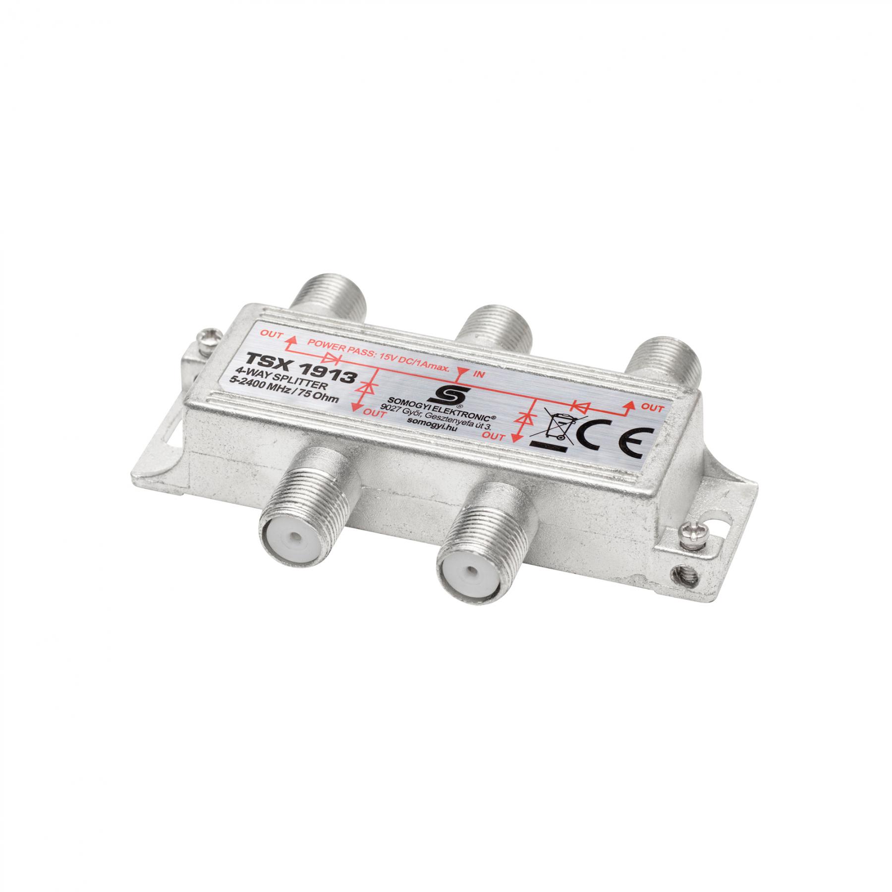 17977 Home TSX 1913 F elosztó, HQ professzionális minőség, 75 Ohm, IP44, cink-ötvözet konstrukció, 5-2400 MHz, 4 utas, 1 bemenet, 4 kimenet - Image 1