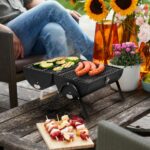 Home GR01 hordozható asztali grill, faszén, faszénbrikett, nyitott vagy zárt fedél, 2 rostély, 2 széntartó rács, 22 cm rostélymagasság asztaltól - Image 4