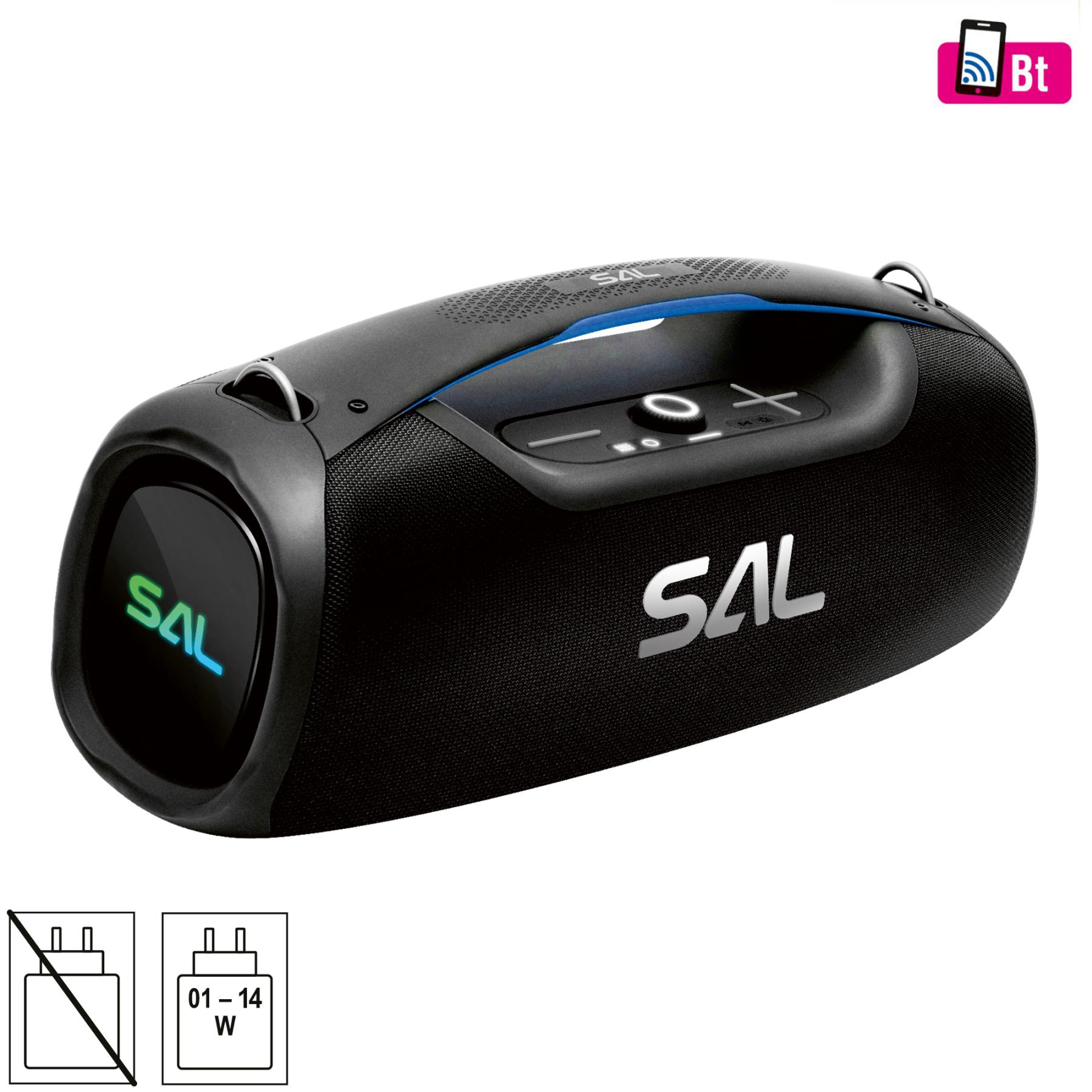 18464 SAL BT9000 hordozható boombox, vezeték nélküli hangszóró, 100 W, IPX5, BT TWS, AUX, USB/microSD, Soft Touch gombok, ~10 h üzemidő, USB-C töltőkábel - Image 1