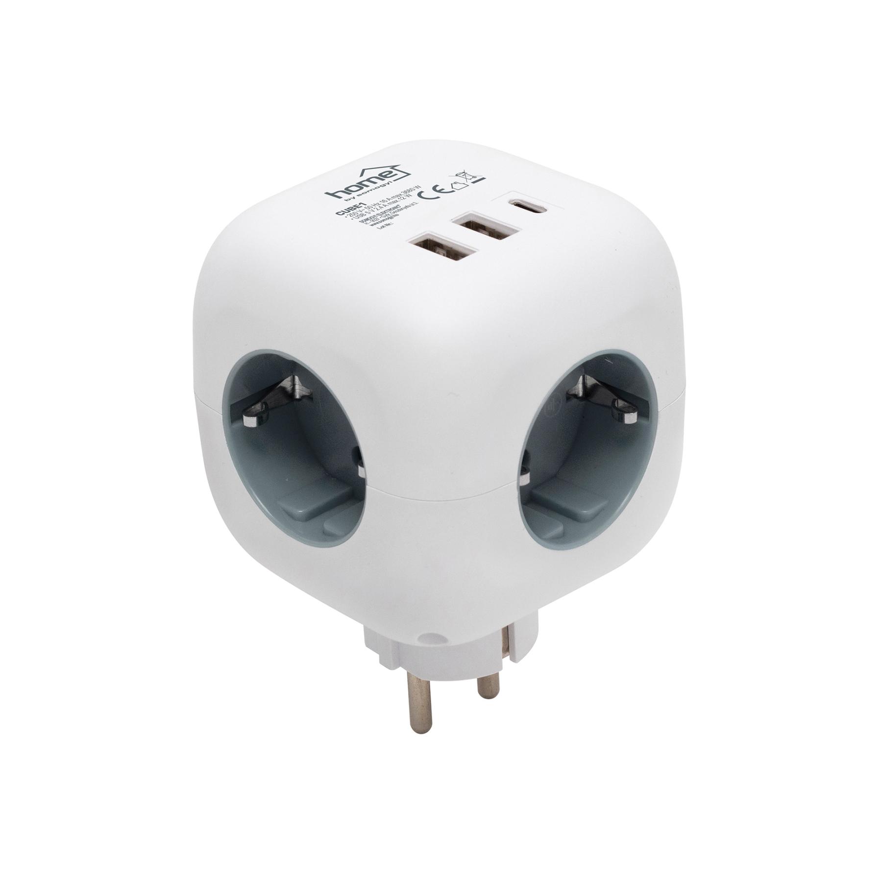18847 Home CUBE1 kocka elosztó USB töltővel, 3 aljzat gyermekvédelemmel, 1db USB C, 2db USB A, max. 3680 W - Image 1