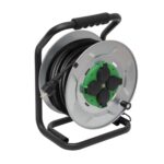 HOME HJRM2025 fém kábeldob, 25 méter, fém talp, H07RN-F 3G2,5 mm2 vezeték, 250 V~ / max. 16 A, túlmelegedés elleni védőkapcsolóval