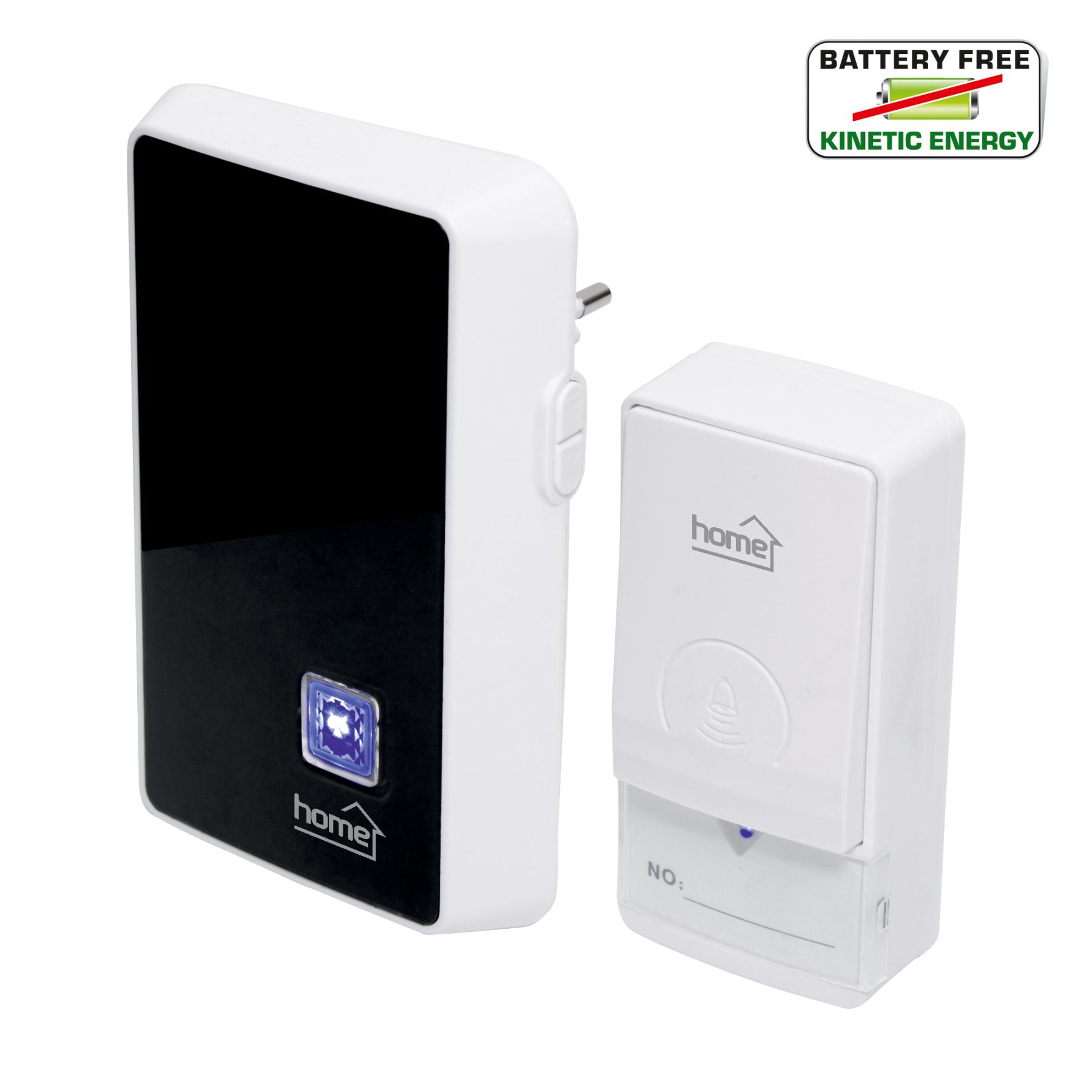 19421 Home DBK1010AC vezeték nélküli csengő, elem nélküli, 100m hatótáv, 20 dallam, 3-fokozatú hangerő, kék LED, kinetikus nyomógomb, 230V-os tápellátás - Image 1